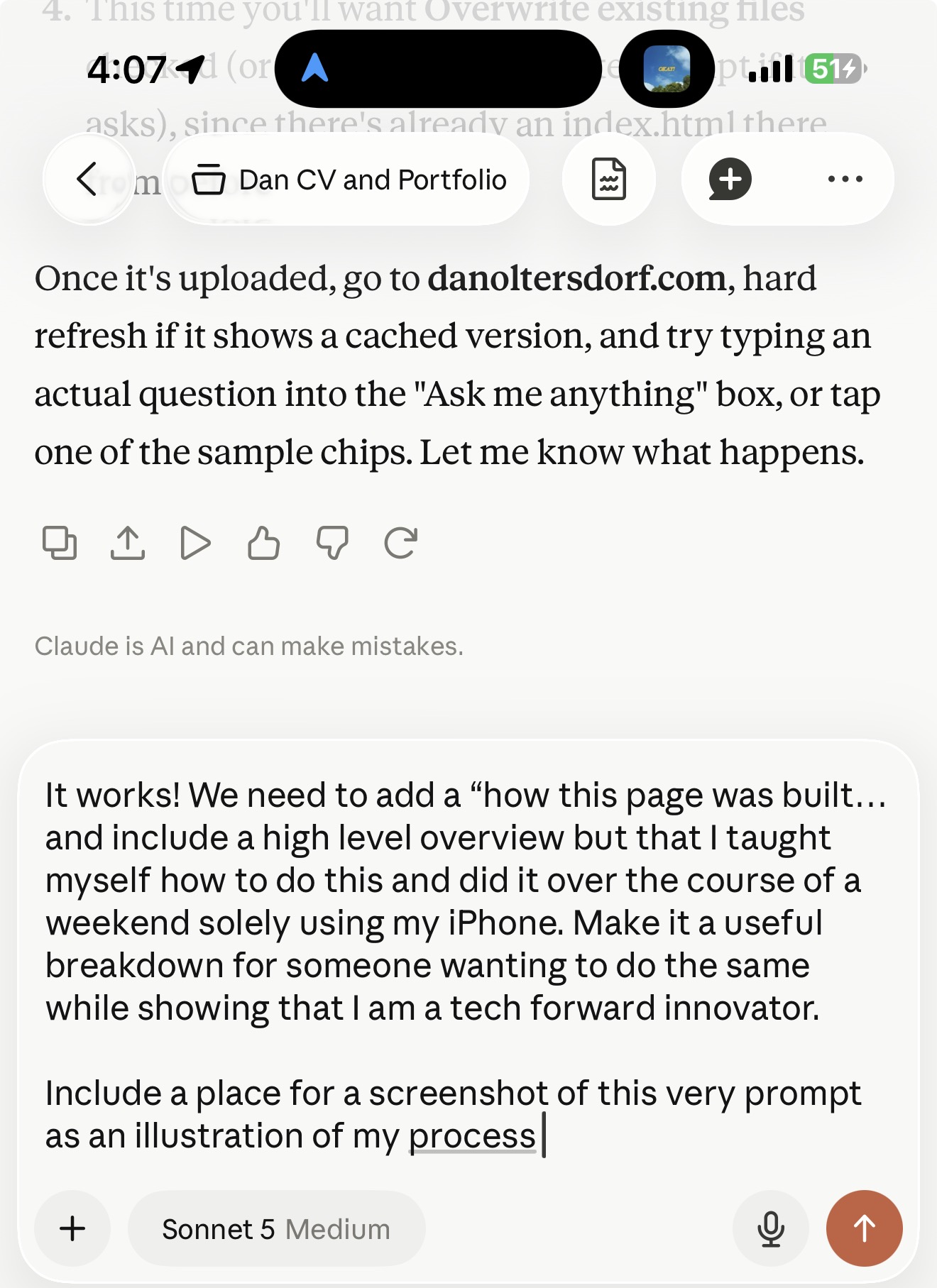 Actual iPhone screenshot showing the AI-assisted process Dan used to build this website