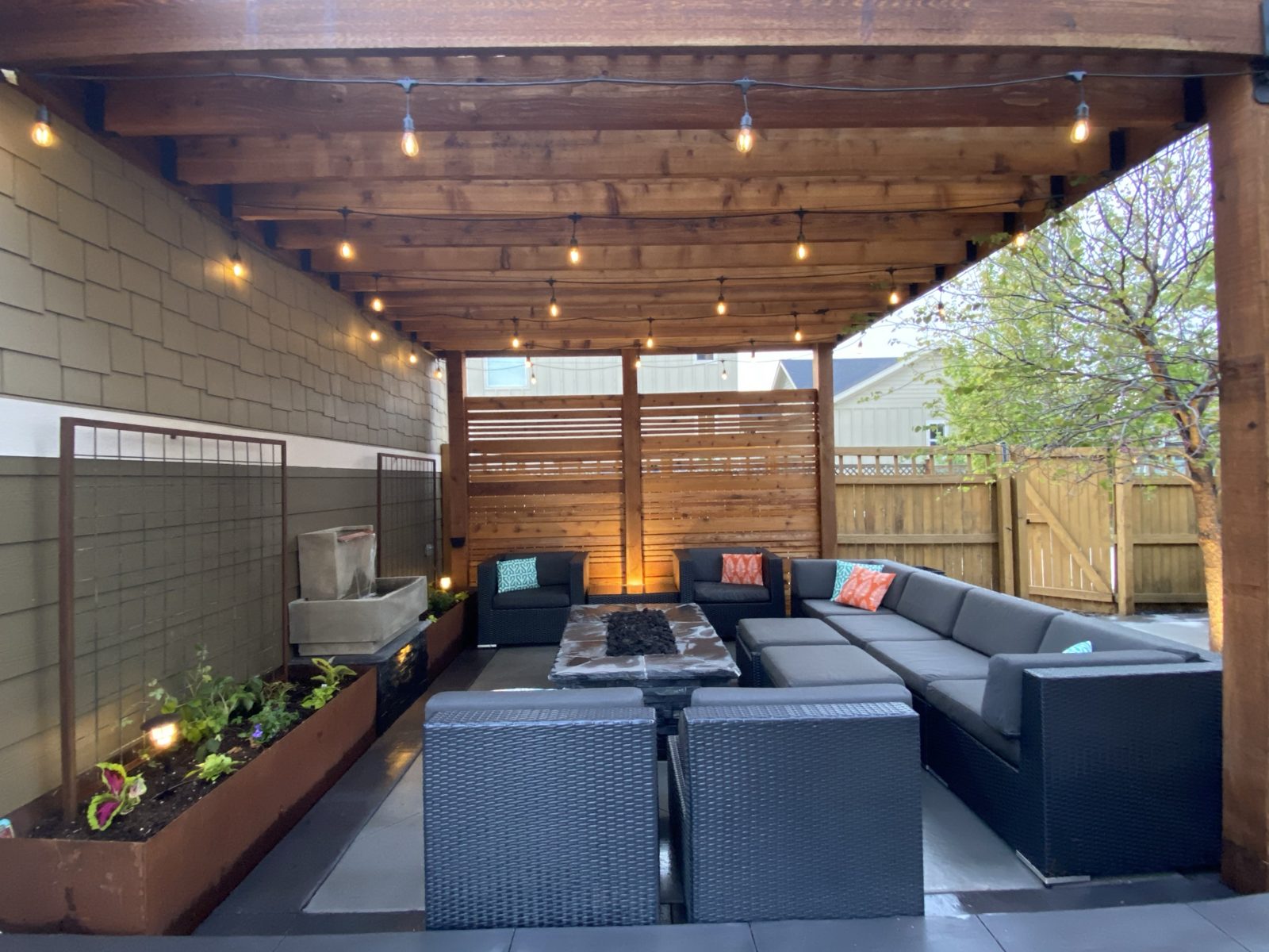 The cedar pergola and screen Dan built in his backyard